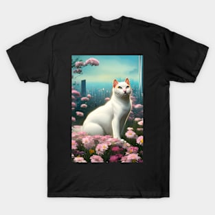 White Cat Surrounded by Flowers Tokyo Background T-Shirt